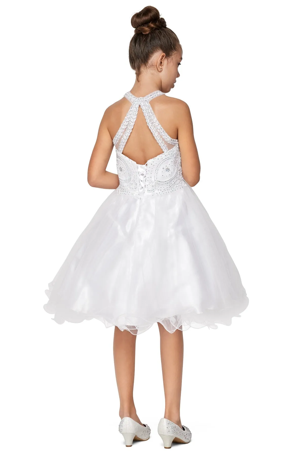 Girls Illusion Halter Neck Sweetheart Beaded Bodice Tulle Flower Girl Junior Bridesmaid Dress, Sizes 4-16