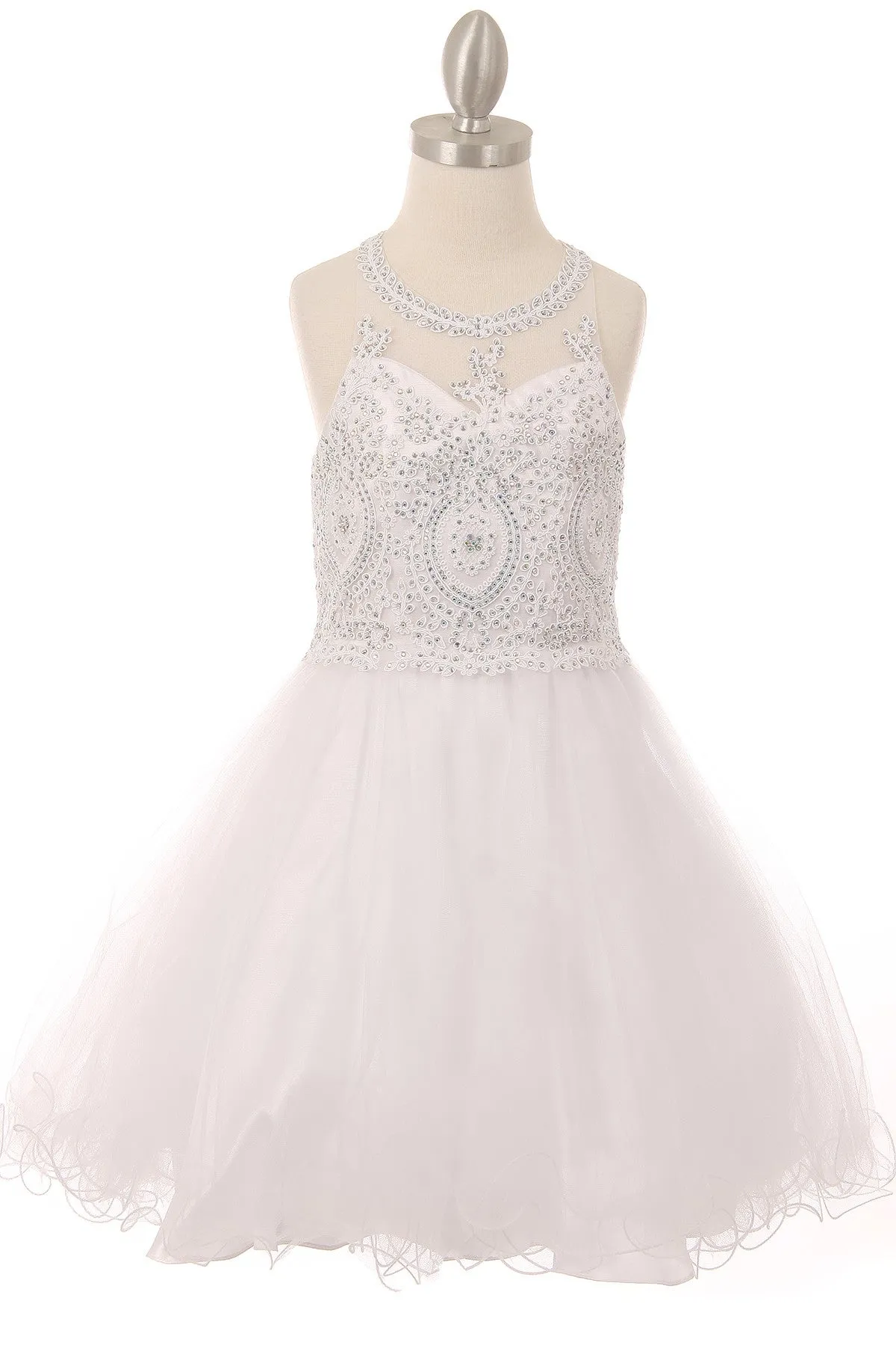 Girls Illusion Halter Neck Sweetheart Beaded Bodice Tulle Flower Girl Junior Bridesmaid Dress, Sizes 4-16