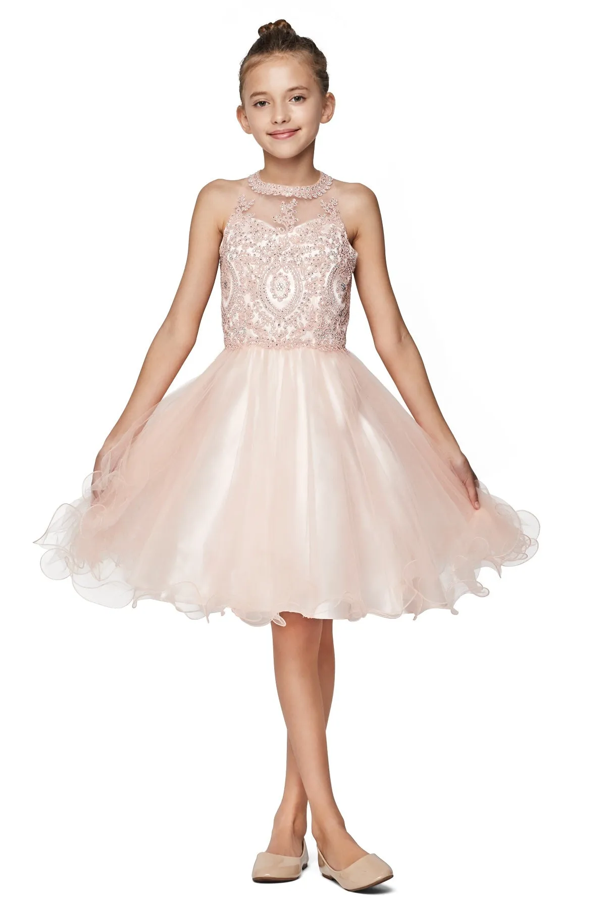 Girls Illusion Halter Neck Sweetheart Beaded Bodice Tulle Flower Girl Junior Bridesmaid Dress, Sizes 4-16