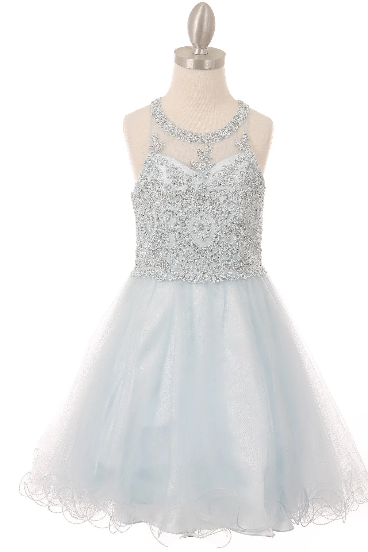 Girls Illusion Halter Neck Sweetheart Beaded Bodice Tulle Flower Girl Junior Bridesmaid Dress, Sizes 4-16