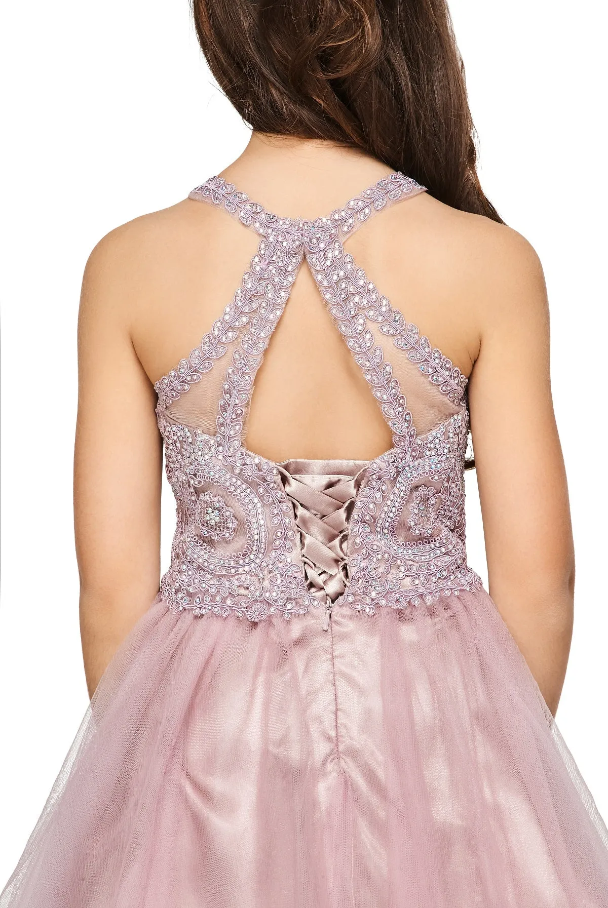 Girls Illusion Halter Neck Sweetheart Beaded Bodice Tulle Flower Girl Junior Bridesmaid Dress, Sizes 4-16