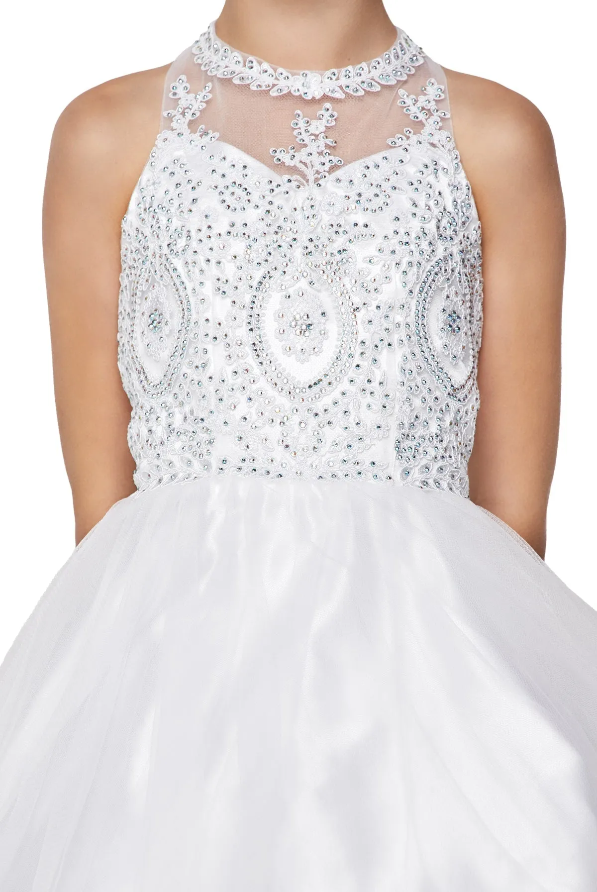 Girls Illusion Halter Neck Sweetheart Beaded Bodice Tulle Flower Girl Junior Bridesmaid Dress, Sizes 4-16