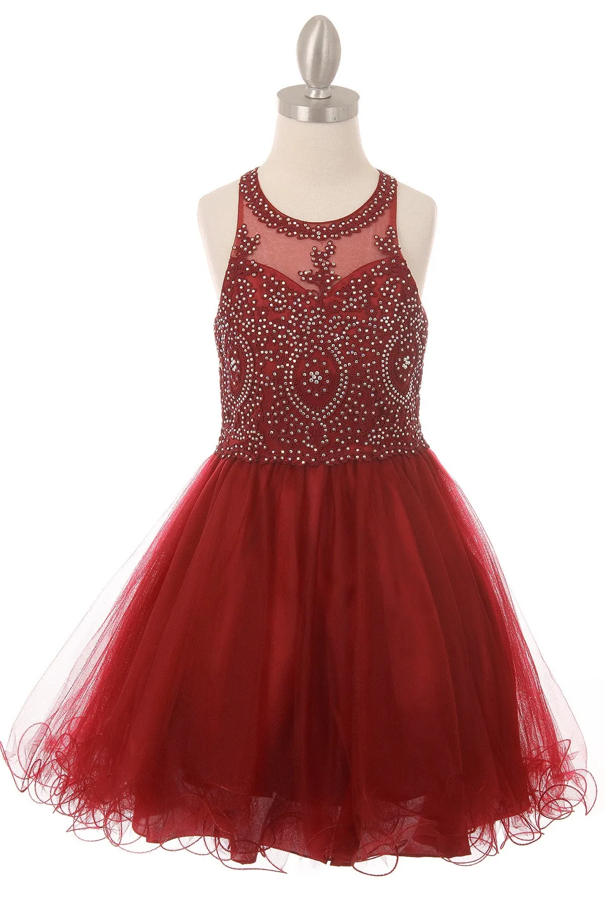 Girls Illusion Halter Neck Sweetheart Beaded Bodice Tulle Flower Girl Junior Bridesmaid Dress, Sizes 4-16