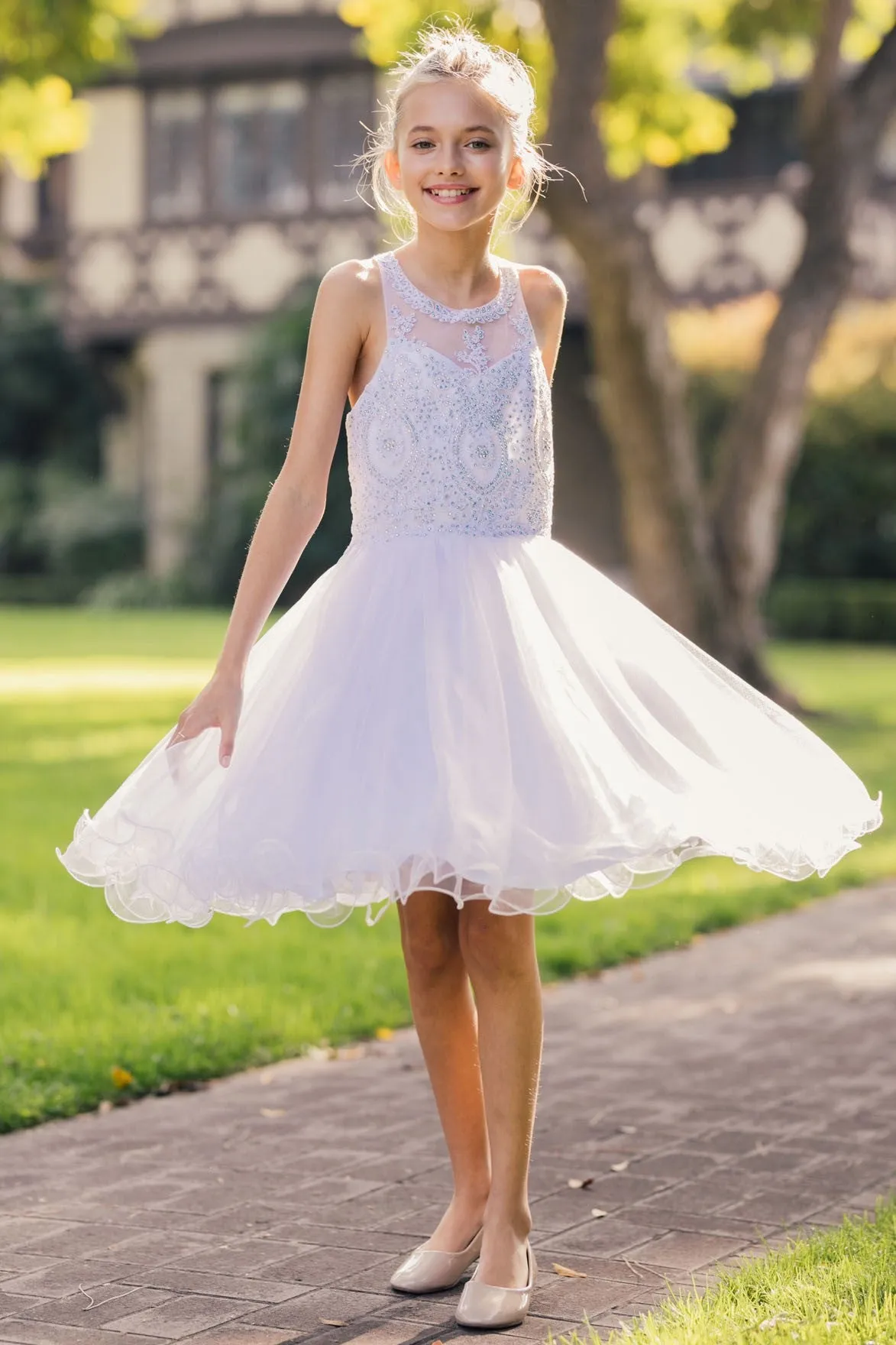 Girls Illusion Halter Neck Sweetheart Beaded Bodice Tulle Flower Girl Junior Bridesmaid Dress, Sizes 4-16