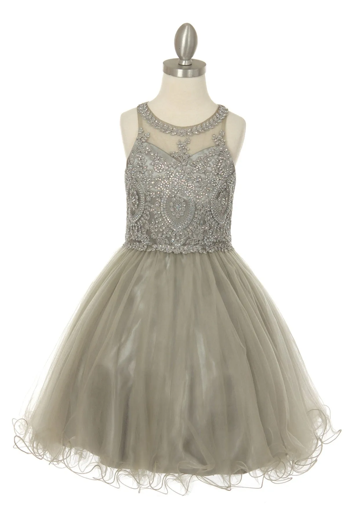 Girls Illusion Halter Neck Sweetheart Beaded Bodice Tulle Flower Girl Junior Bridesmaid Dress, Sizes 4-16