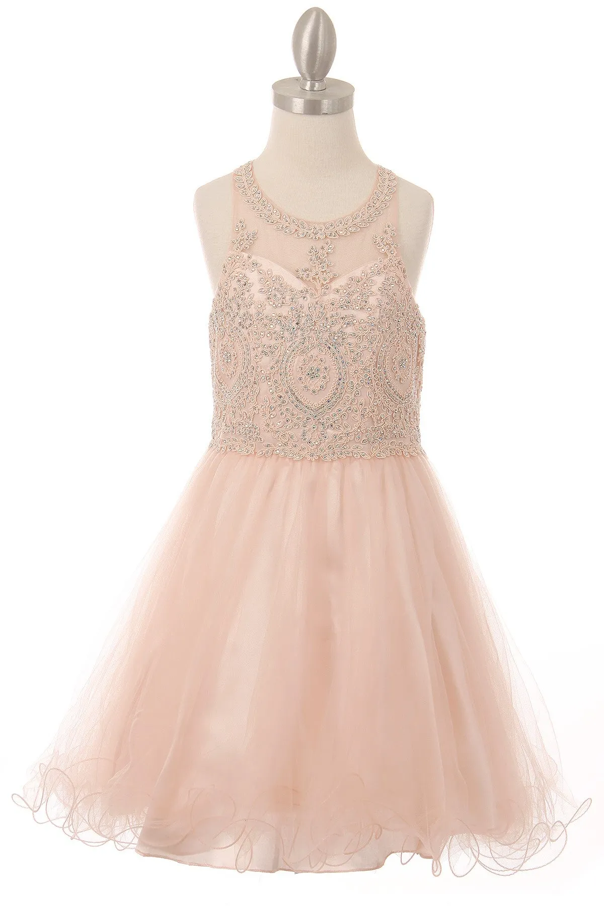 Girls Illusion Halter Neck Sweetheart Beaded Bodice Tulle Flower Girl Junior Bridesmaid Dress, Sizes 4-16