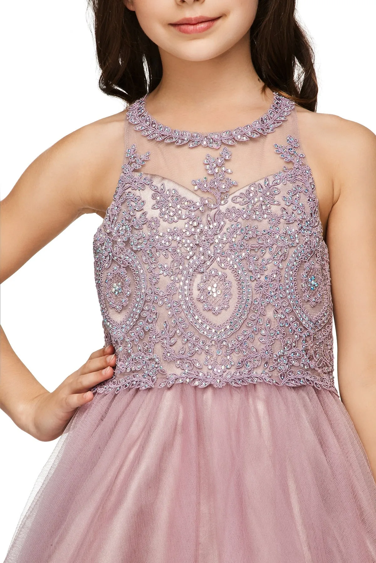 Girls Illusion Halter Neck Sweetheart Beaded Bodice Tulle Flower Girl Junior Bridesmaid Dress, Sizes 4-16