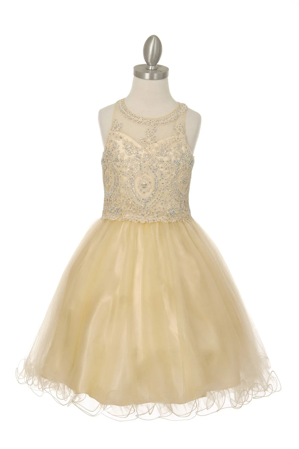 Girls Illusion Halter Neck Sweetheart Beaded Bodice Tulle Flower Girl Junior Bridesmaid Dress, Sizes 4-16