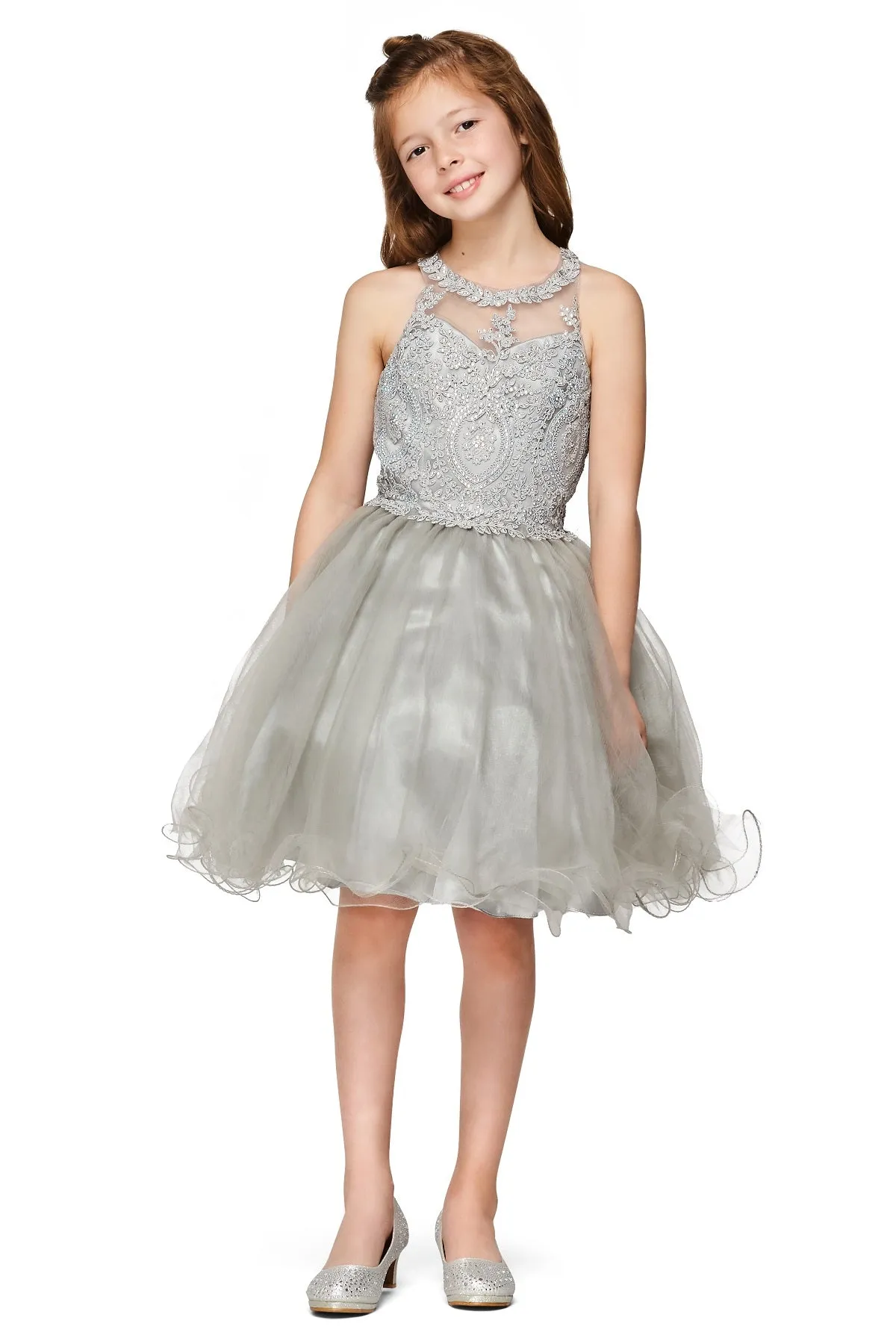 Girls Illusion Halter Neck Sweetheart Beaded Bodice Tulle Flower Girl Junior Bridesmaid Dress, Sizes 4-16