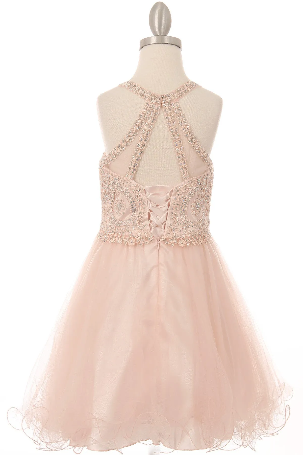 Girls Illusion Halter Neck Sweetheart Beaded Bodice Tulle Flower Girl Junior Bridesmaid Dress, Sizes 4-16