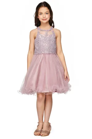 Girls Illusion Halter Neck Sweetheart Beaded Bodice Tulle Flower Girl Junior Bridesmaid Dress, Sizes 4-16