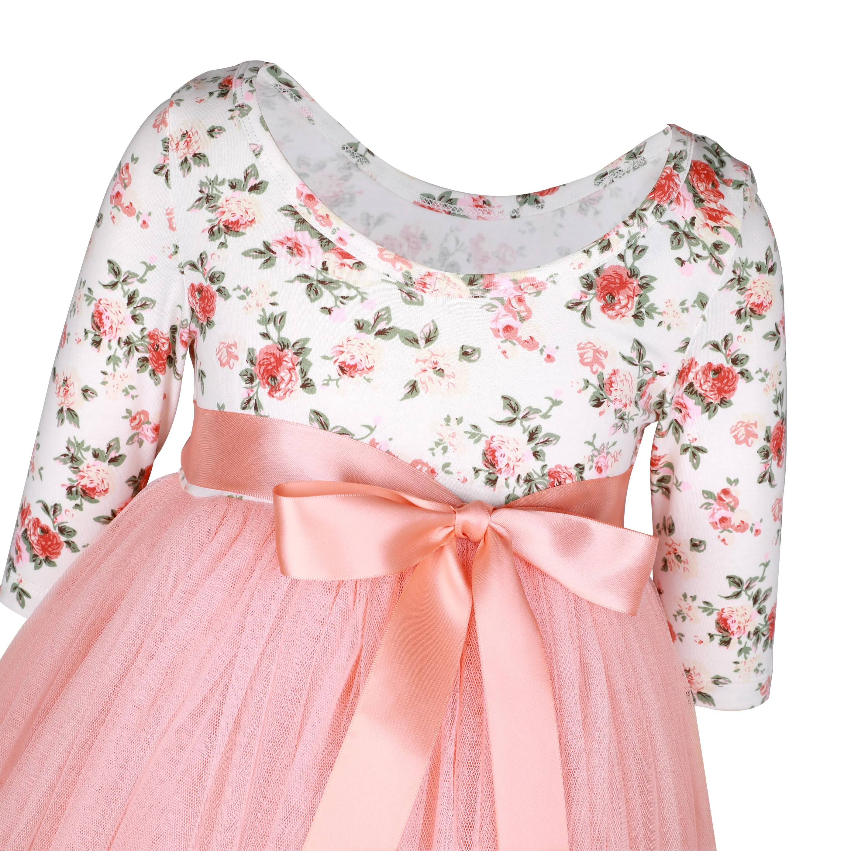 Girls Peach Wedding Party Dress with Ribbon for 1-12 Years Old