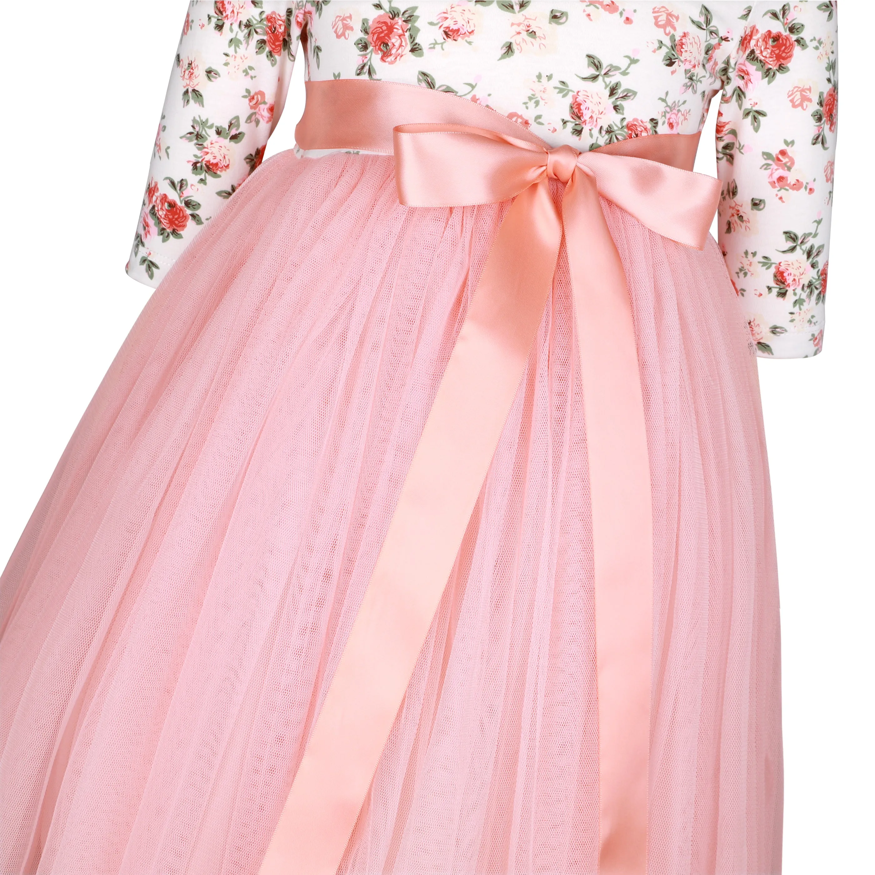 Girls Peach Wedding Party Dress with Ribbon for 1-12 Years Old