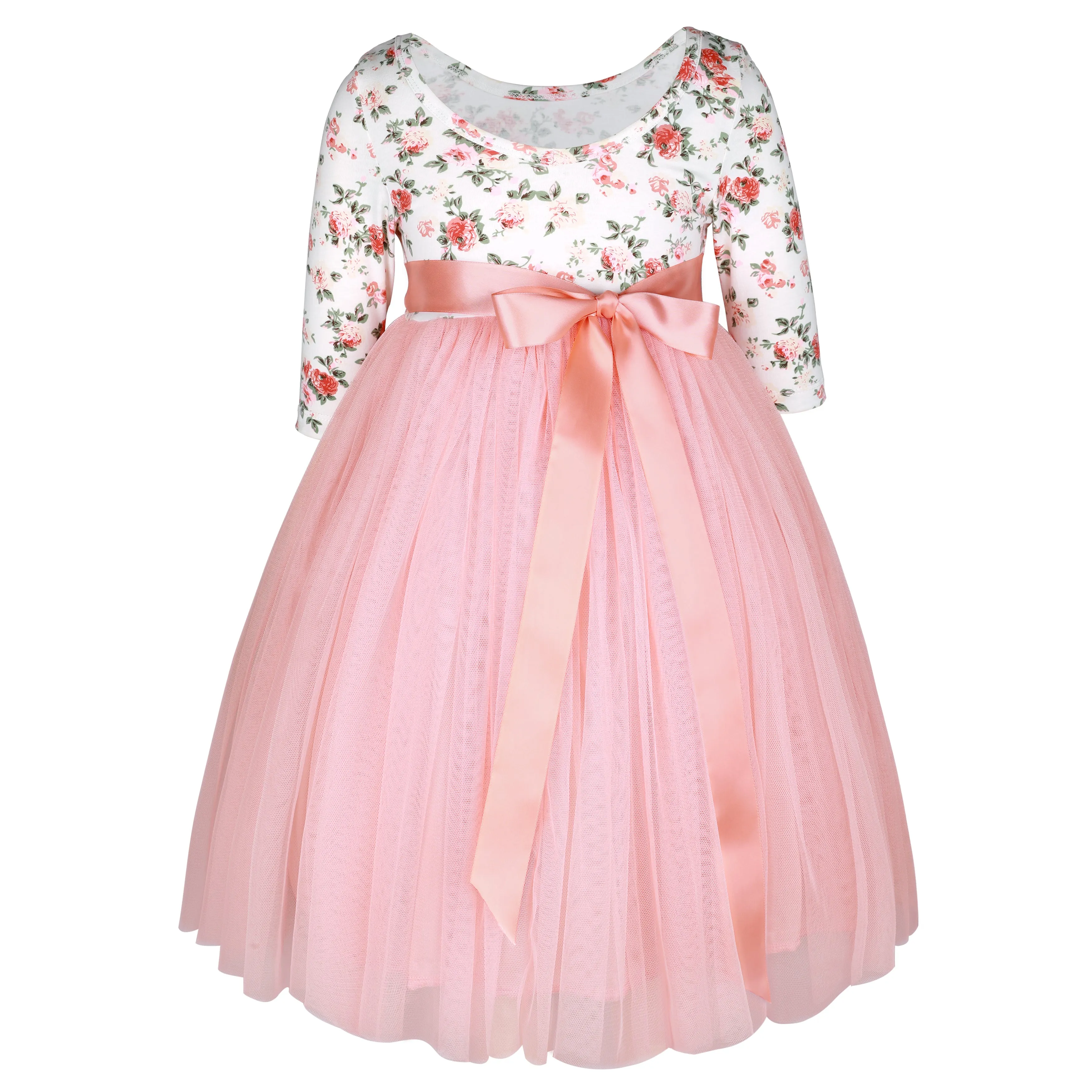 Girls Peach Wedding Party Dress with Ribbon for 1-12 Years Old