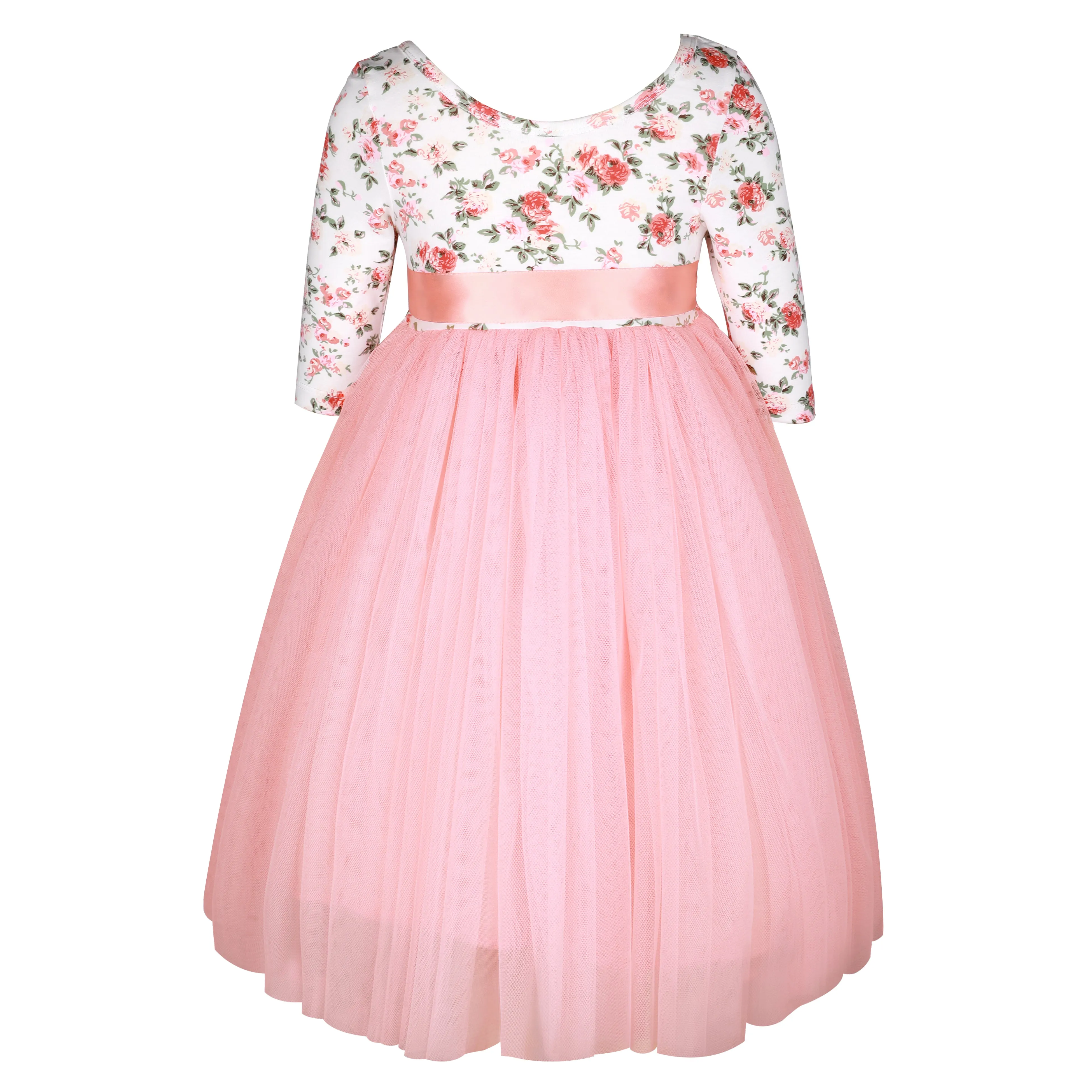 Girls Peach Wedding Party Dress with Ribbon for 1-12 Years Old