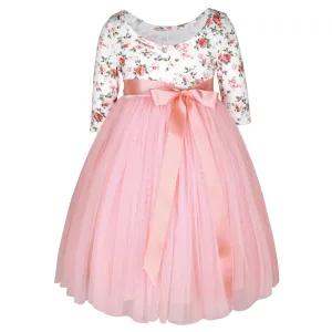 Girls Peach Wedding Party Dress with Ribbon for 1-12 Years Old