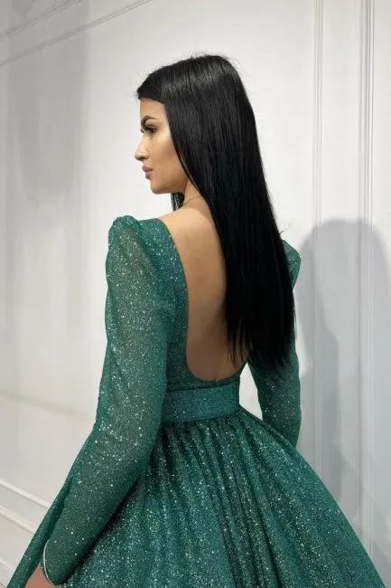Glamorous Dark Green A-line Sequined Ankle Length Prom Dress with Long Sleeves