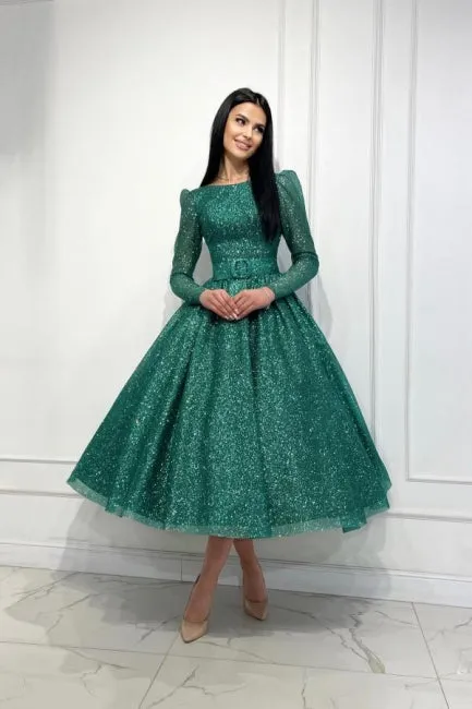Glamorous Dark Green A-line Sequined Ankle Length Prom Dress with Long Sleeves