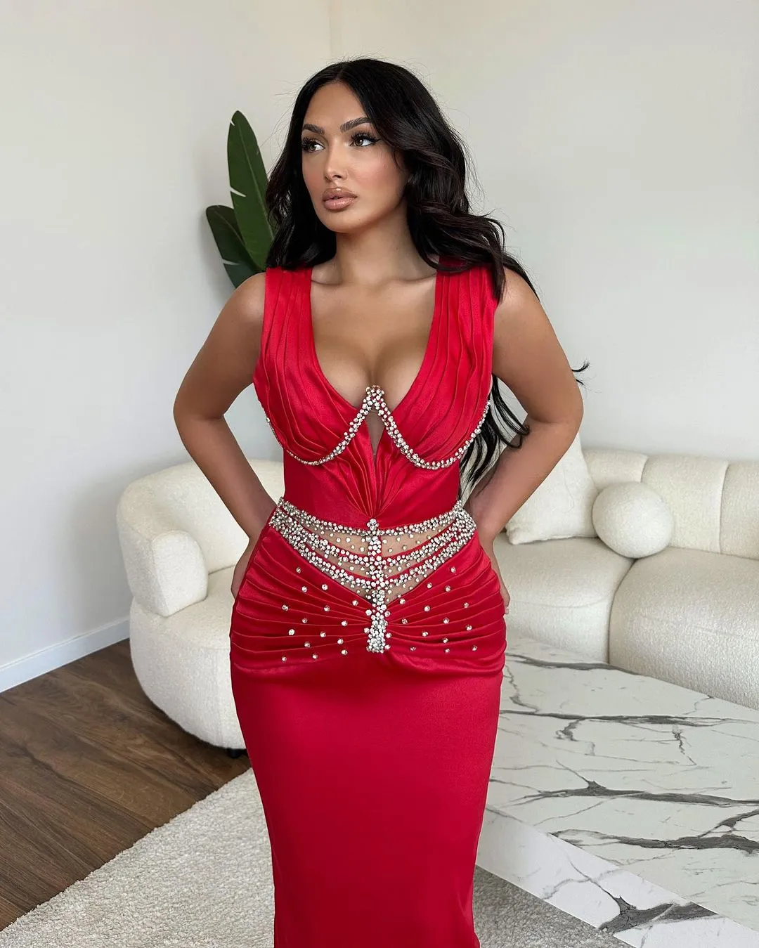 Glamorous Long Mermaid V-neck Rhinestones Sleeveless Prom Dress