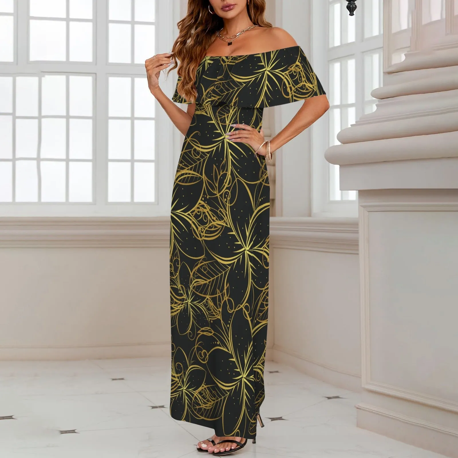 Golden Frangipani Black Off Shoulder Maxi Dress up to 6 XL (FWS)