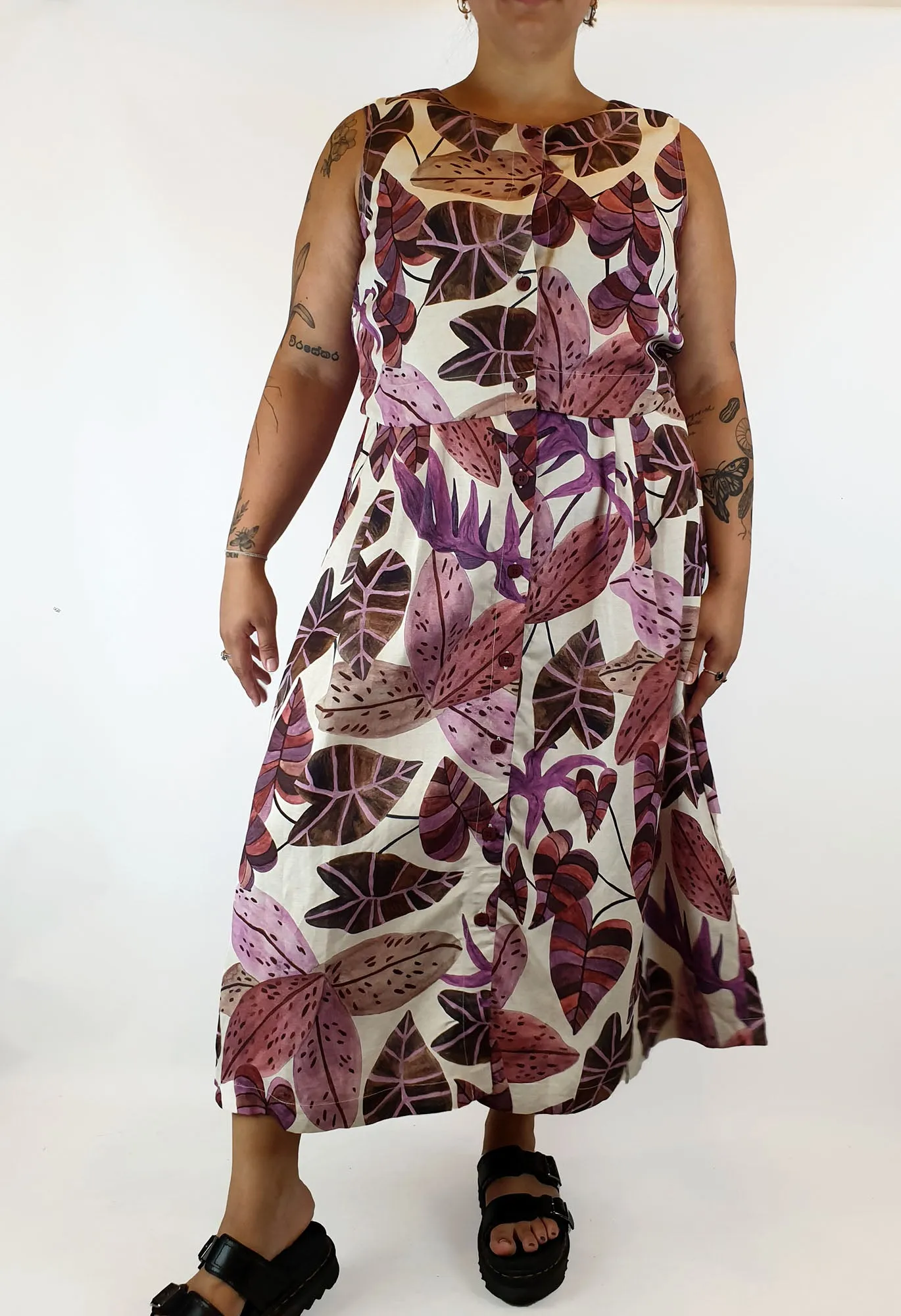 Gorman linen mix purple fern print maxi dress size 16