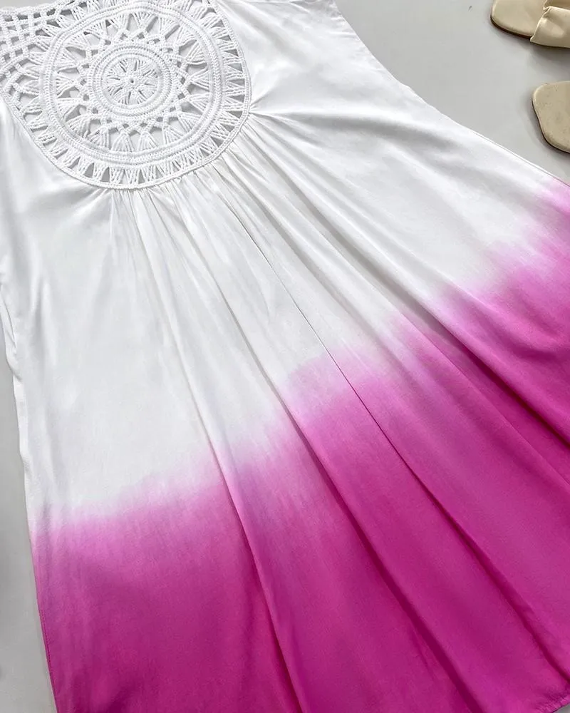 Gradient Tie Dye Print Hollow-out Crochet Lace Summer Dress