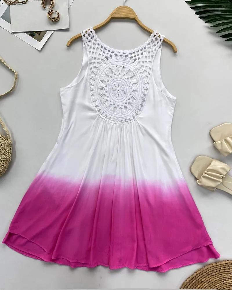 Gradient Tie Dye Print Hollow-out Crochet Lace Summer Dress