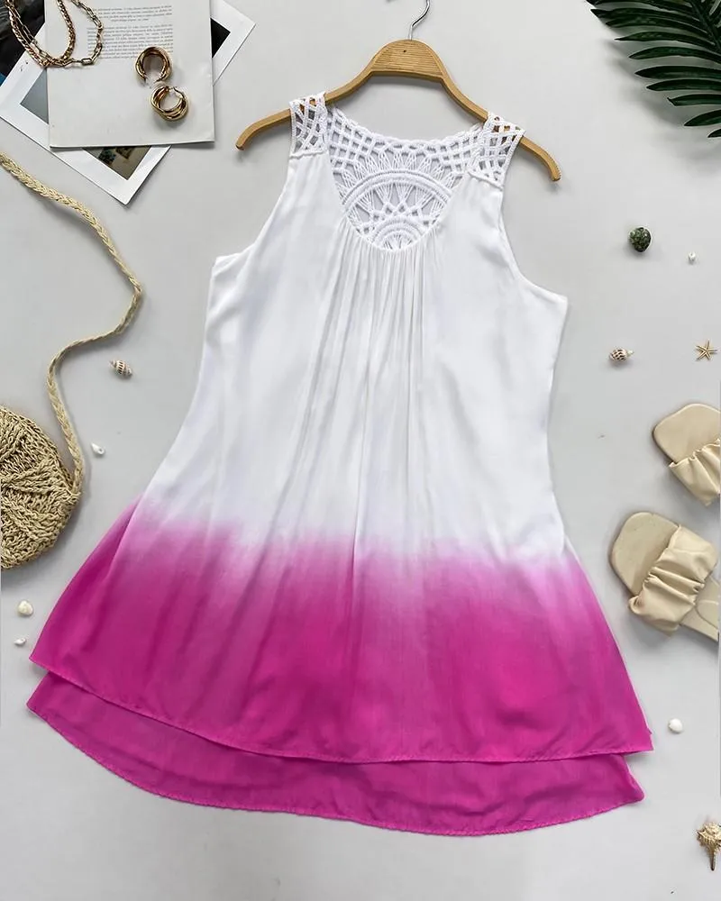Gradient Tie Dye Print Hollow-out Crochet Lace Summer Dress