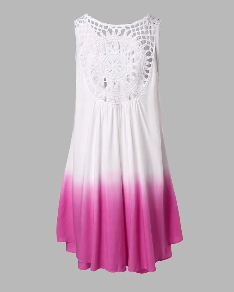 Gradient Tie Dye Print Hollow-out Crochet Lace Summer Dress