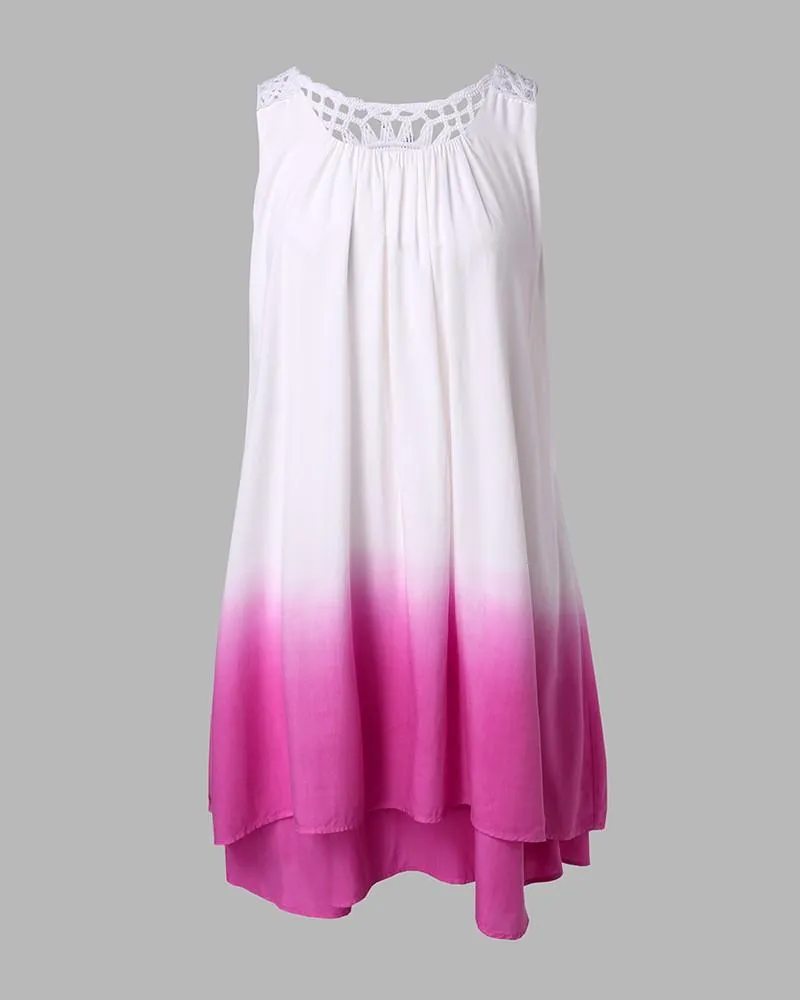 Gradient Tie Dye Print Hollow-out Crochet Lace Summer Dress