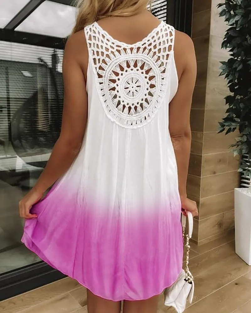 Gradient Tie Dye Print Hollow-out Crochet Lace Summer Dress