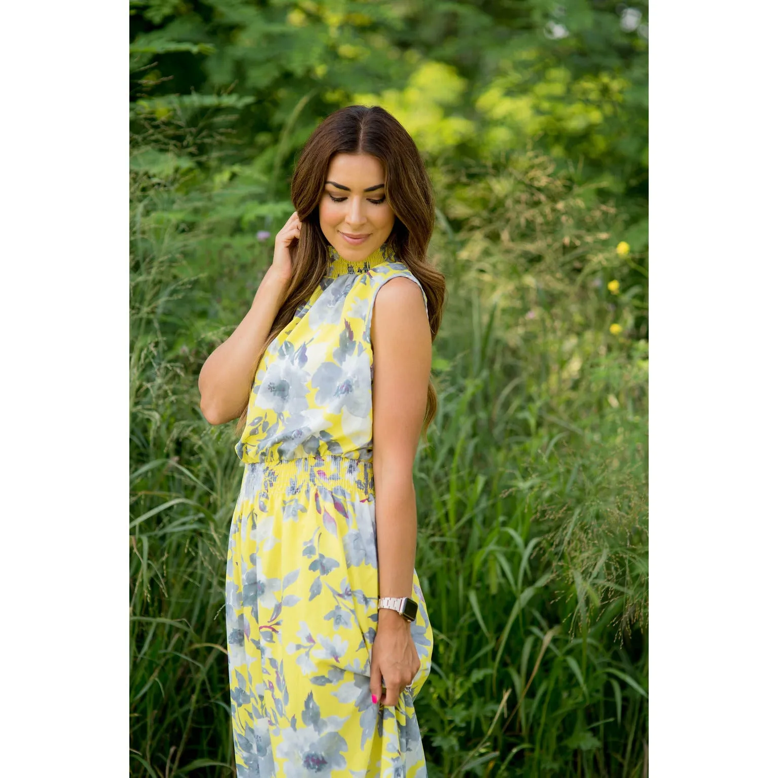 Grey Floral Ruffle Trim Tank Maxi