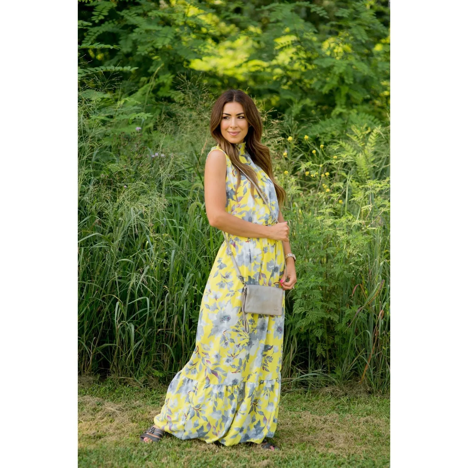 Grey Floral Ruffle Trim Tank Maxi