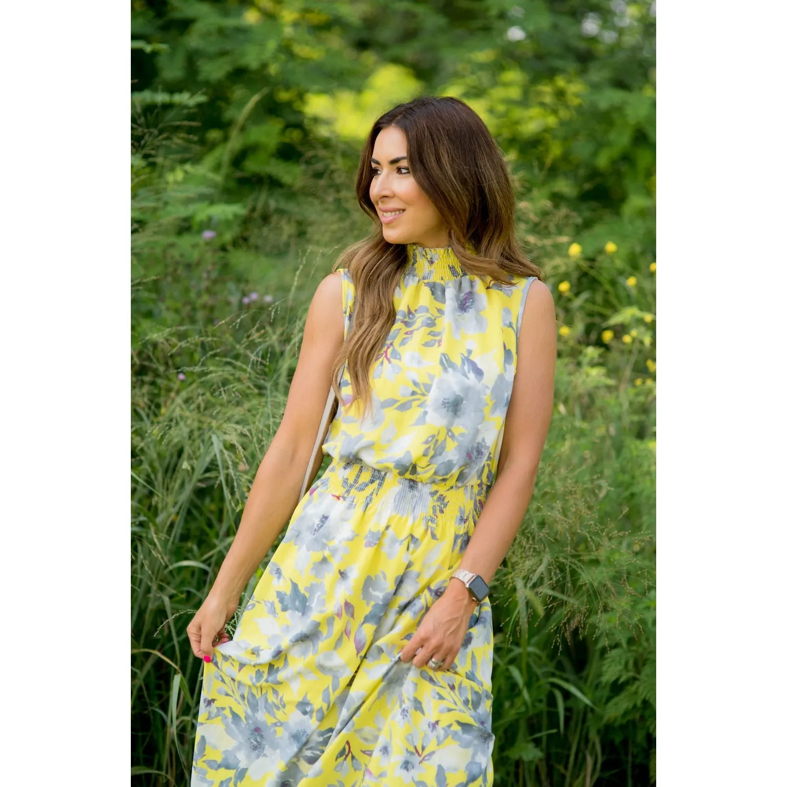 Grey Floral Ruffle Trim Tank Maxi