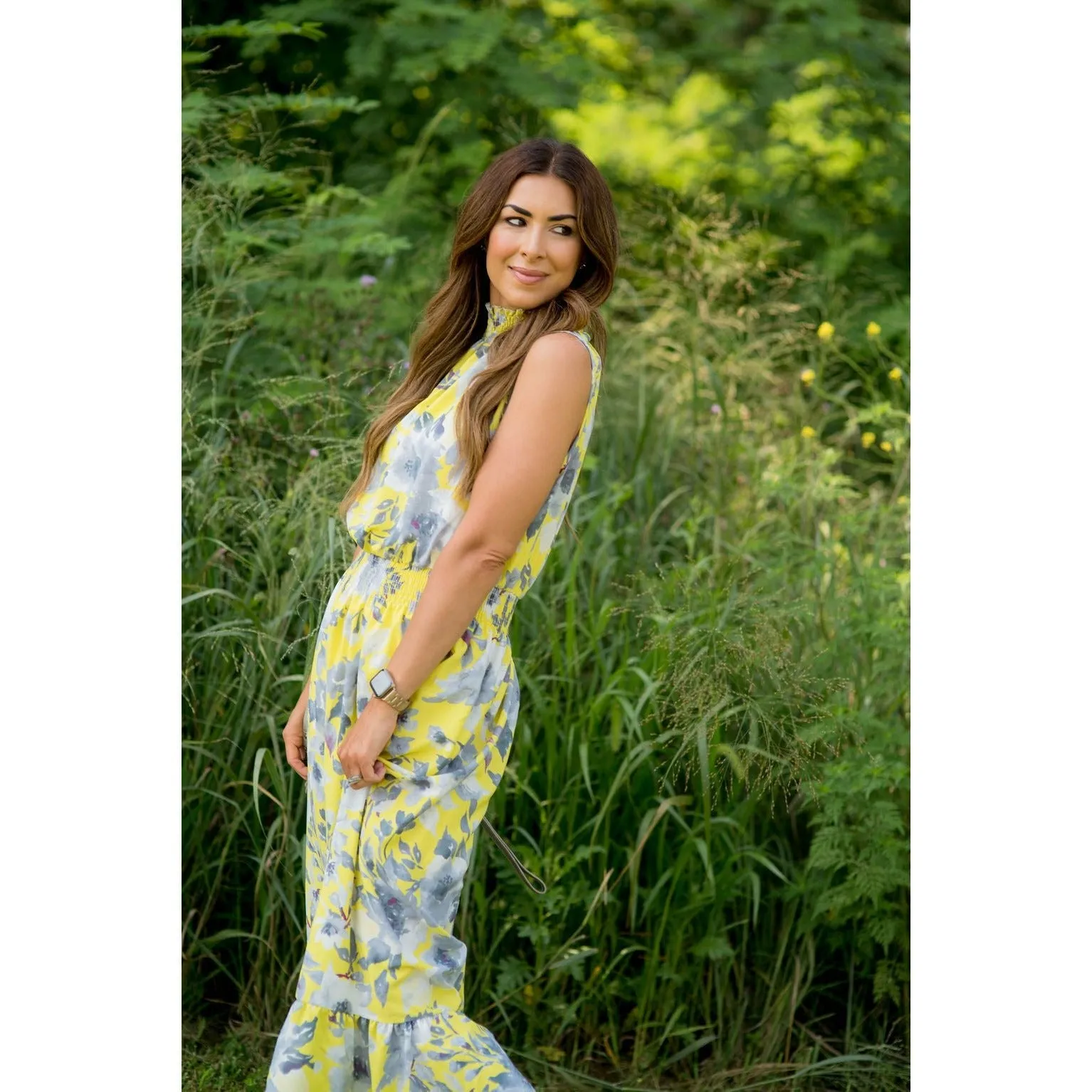 Grey Floral Ruffle Trim Tank Maxi