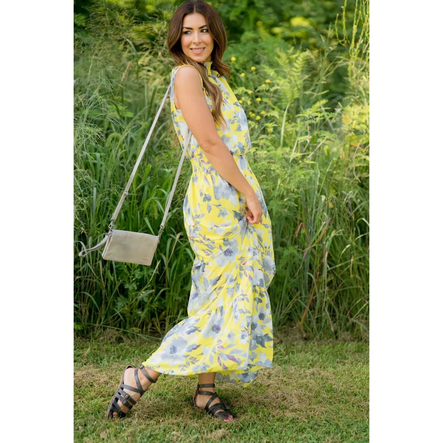 Grey Floral Ruffle Trim Tank Maxi