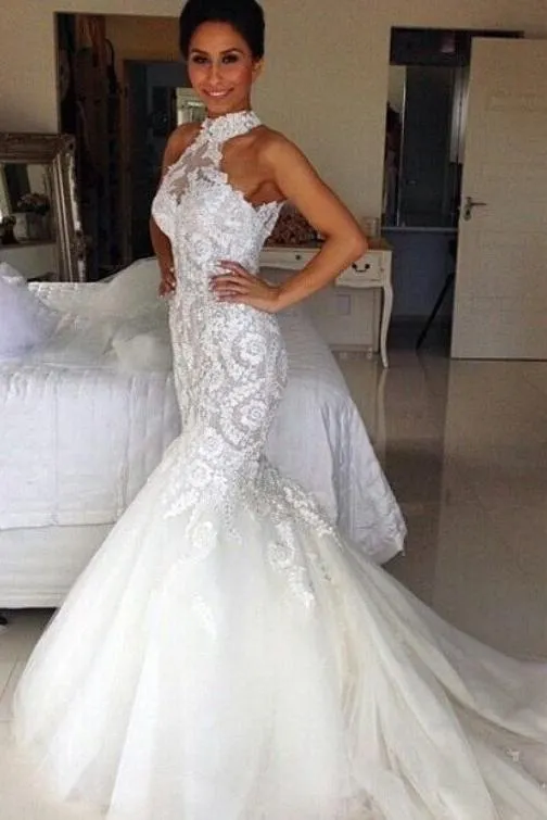 Halter Long Sleeveless Mermaid Sexy Tulle Applique Wedding Dresses