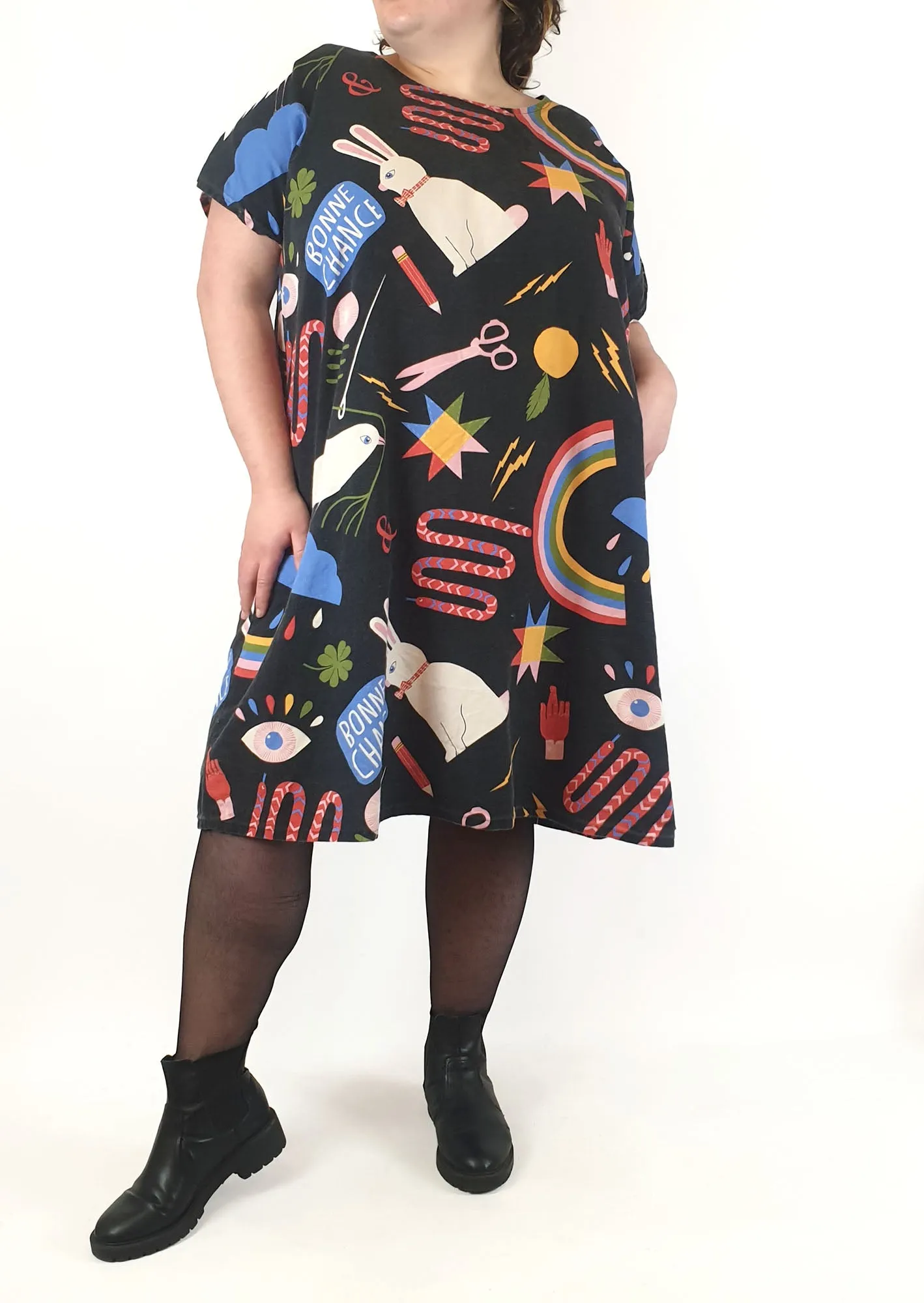 Handmade black colourful print dress fits size (approx 3XL)