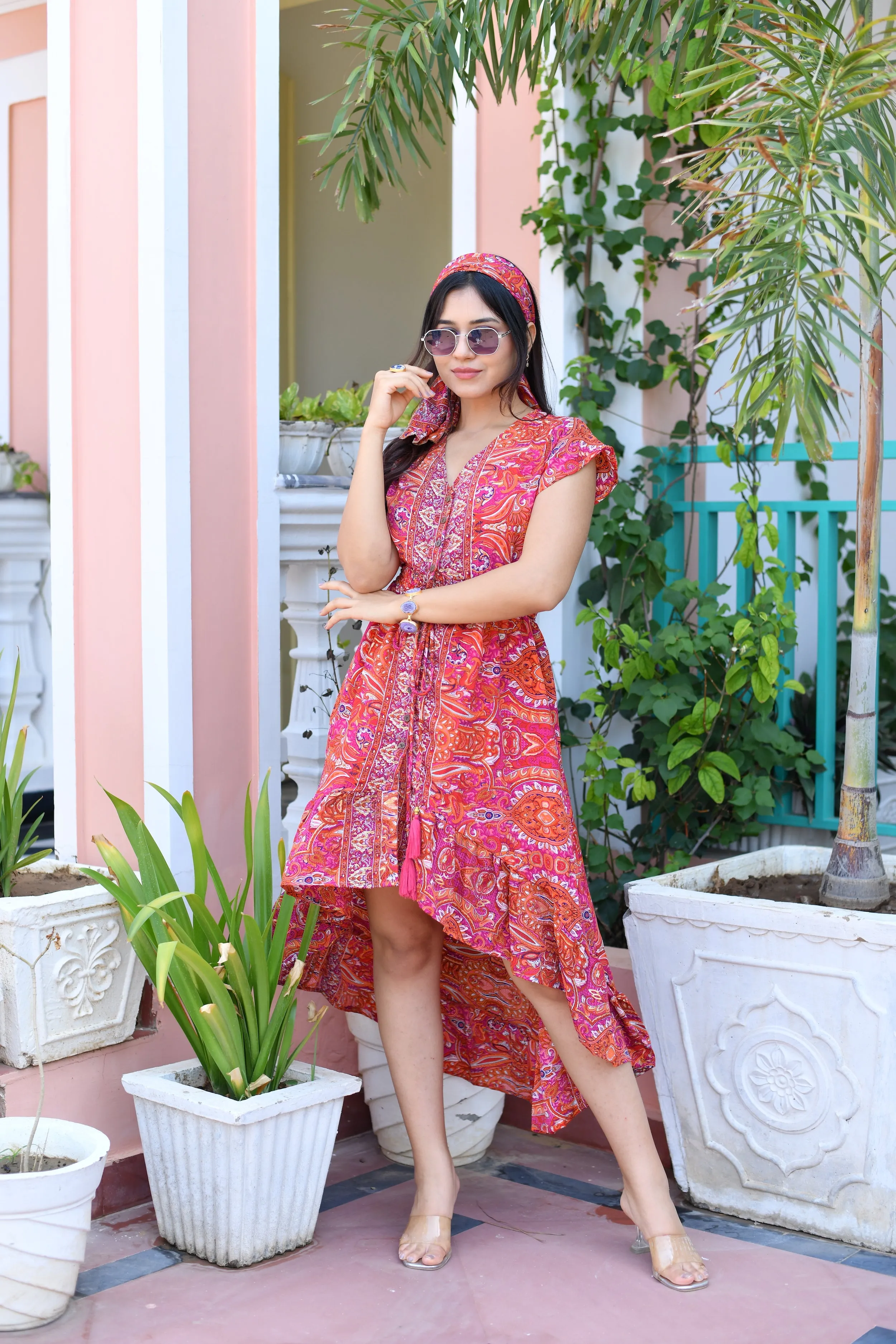 High low boho printed maxi dress in Red
