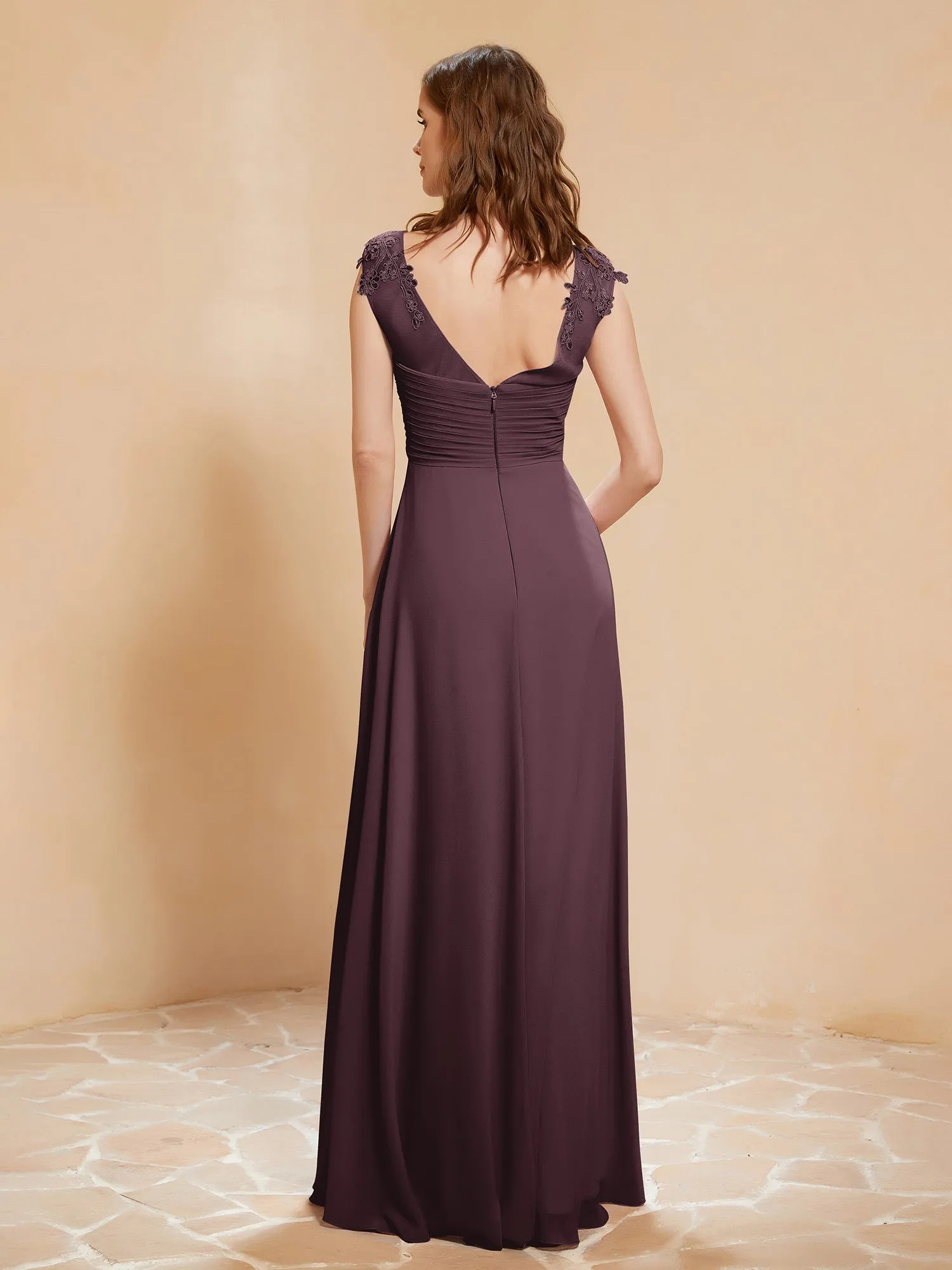 Illusion Neck Cap Sleeve Chiffon Lace Dress Cabernet
