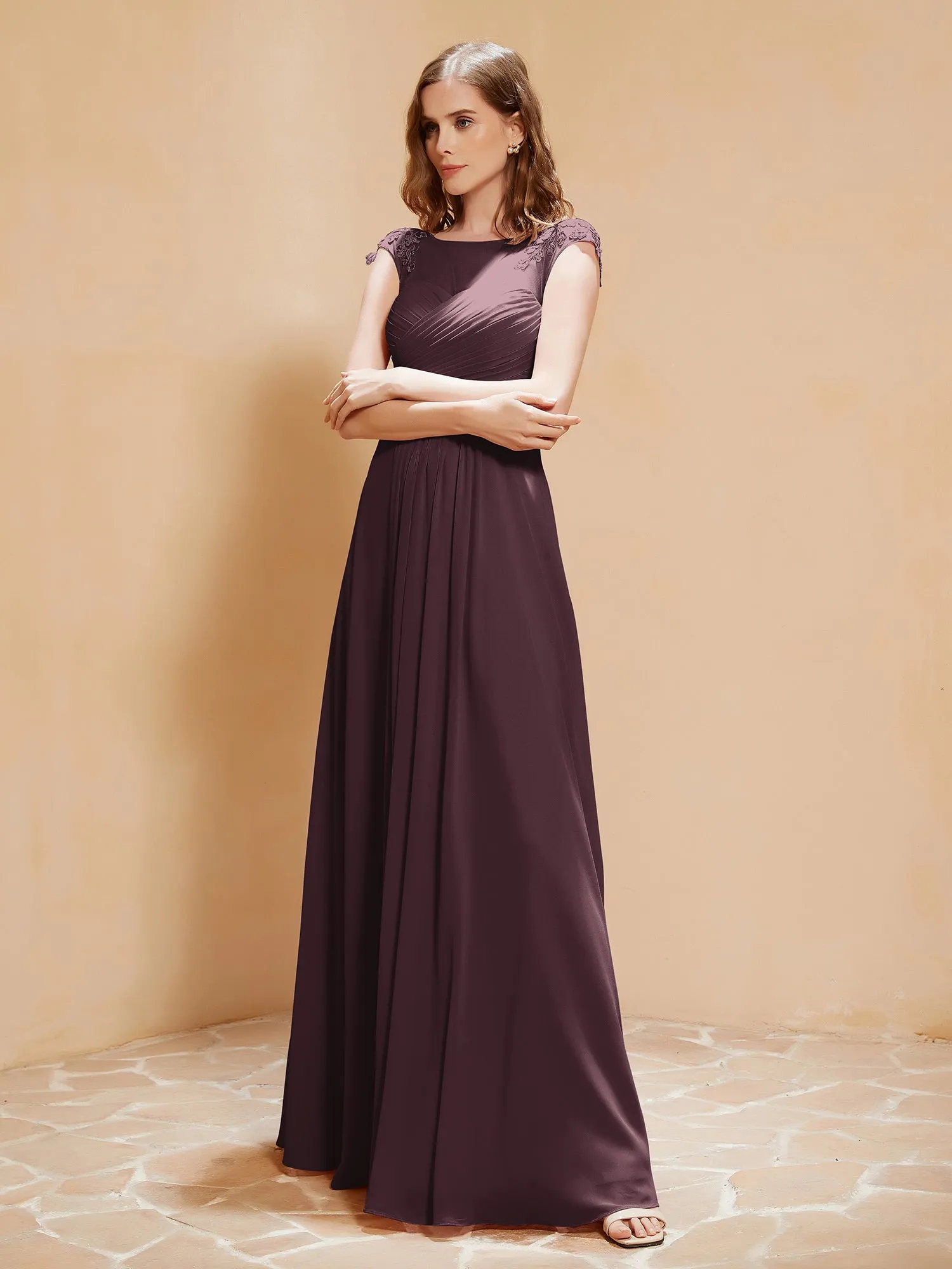 Illusion Neck Cap Sleeve Chiffon Lace Dress Cabernet