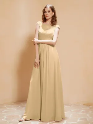 Illusion Neck Cap Sleeve Chiffon Lace Dress Champagne