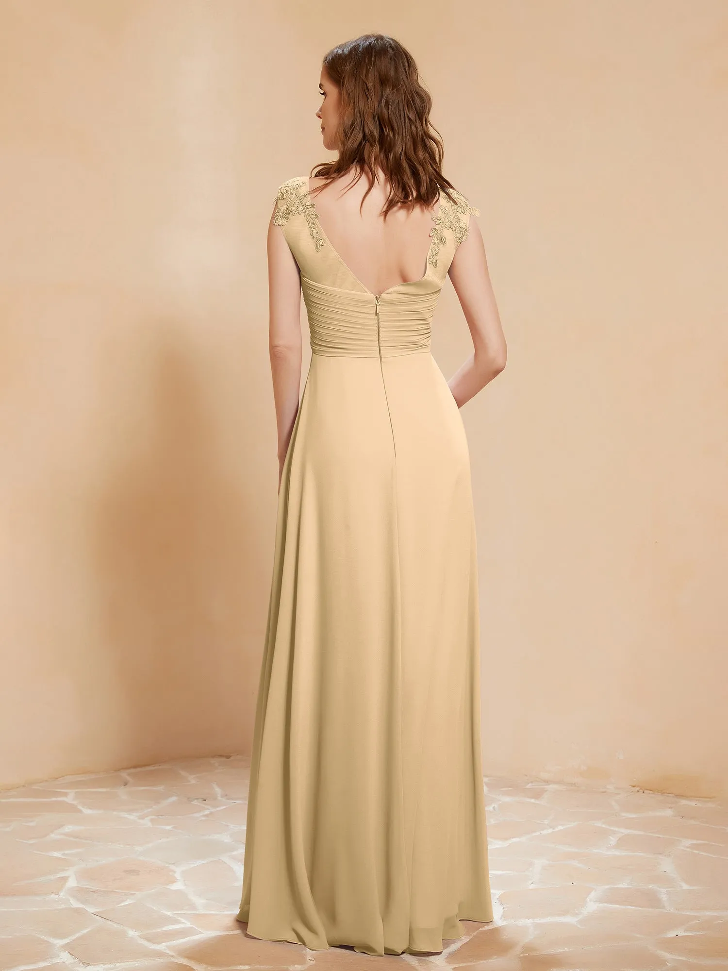 Illusion Neck Cap Sleeve Chiffon Lace Dress Champagne
