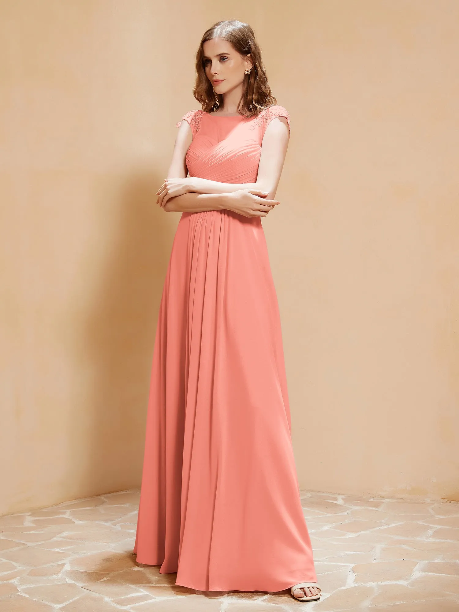 Illusion Neck Cap Sleeve Chiffon Lace Dress Sunset Plus size