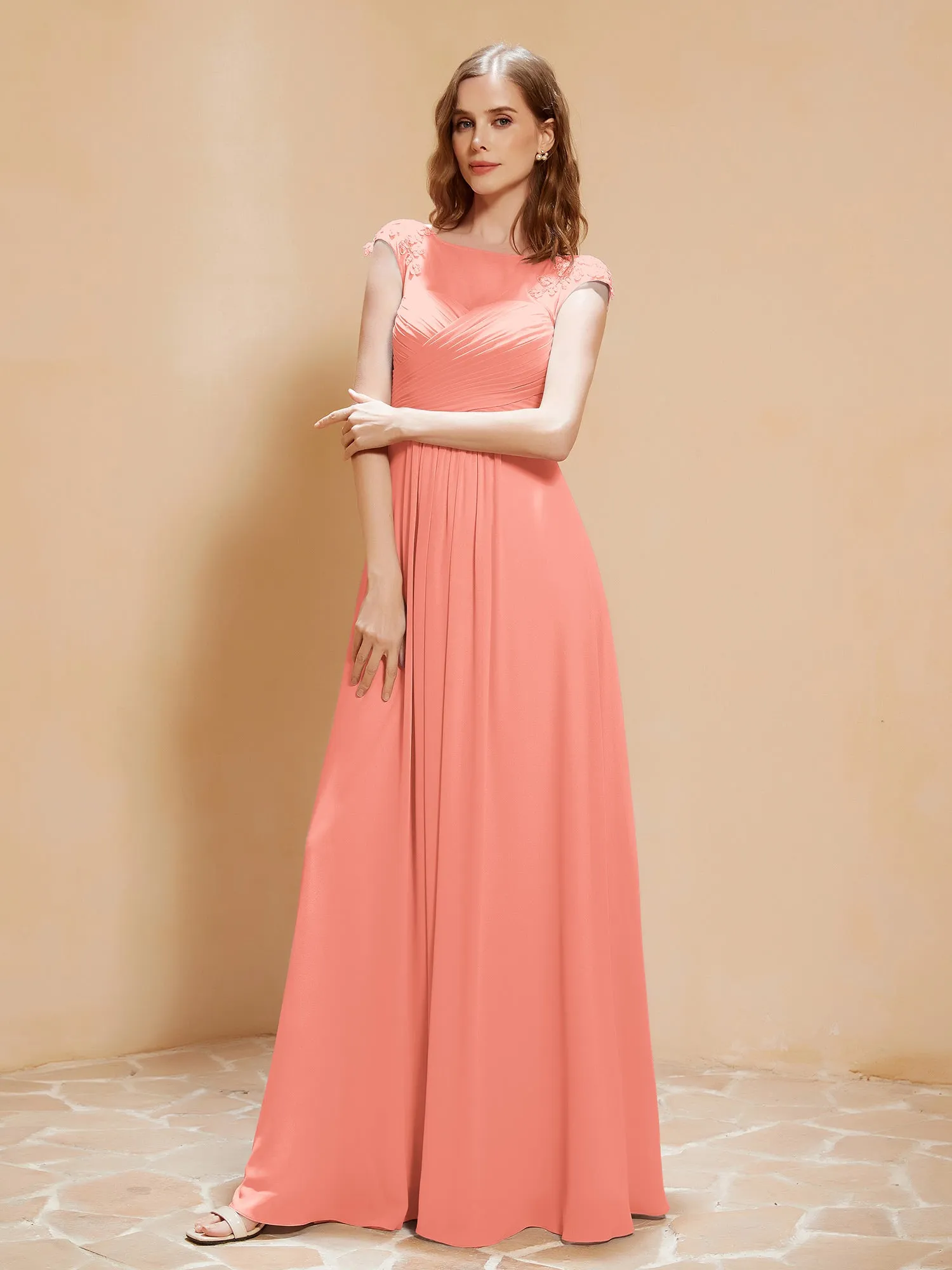 Illusion Neck Cap Sleeve Chiffon Lace Dress Sunset Plus size
