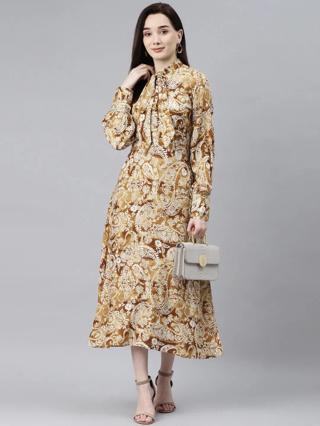 Indibelle Rayon Paisley Print Tie-Up A-Line Dress (Mustard)