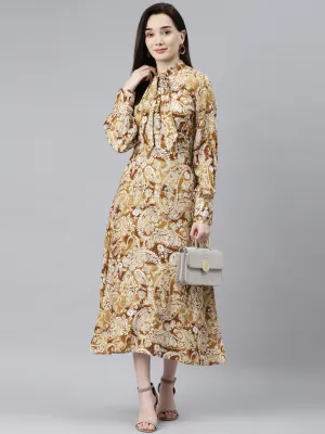 Indibelle Rayon Paisley Print Tie-Up A-Line Dress (Mustard)