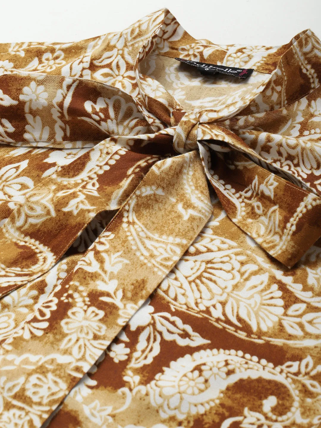 Indibelle Rayon Paisley Print Tie-Up A-Line Dress (Mustard)