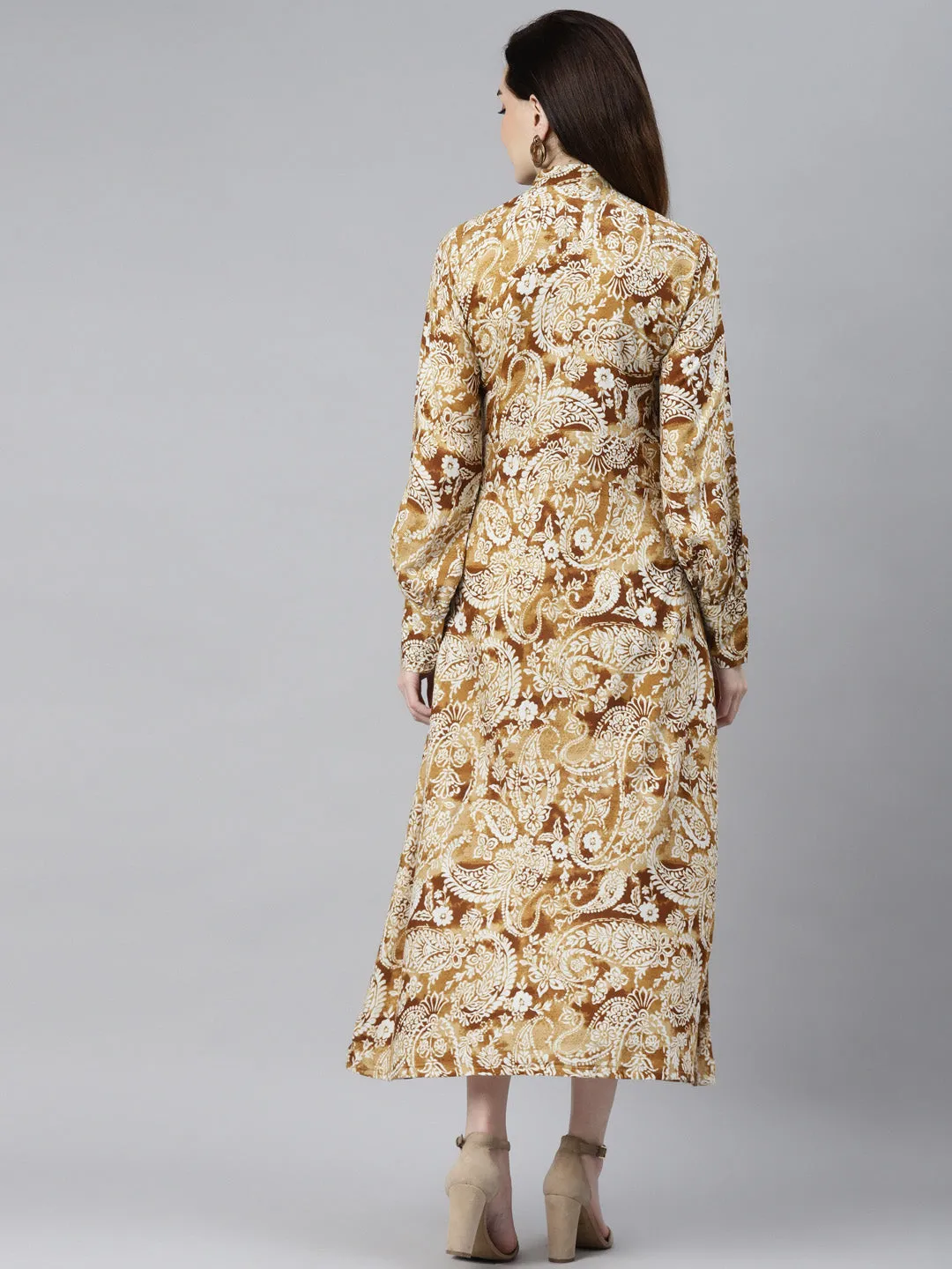 Indibelle Rayon Paisley Print Tie-Up A-Line Dress (Mustard)