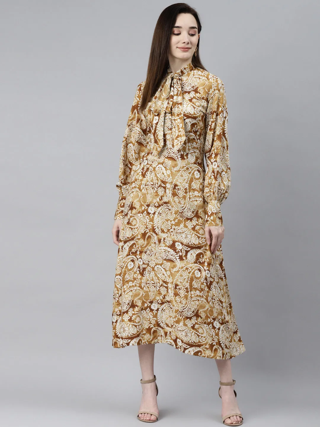Indibelle Rayon Paisley Print Tie-Up A-Line Dress (Mustard)